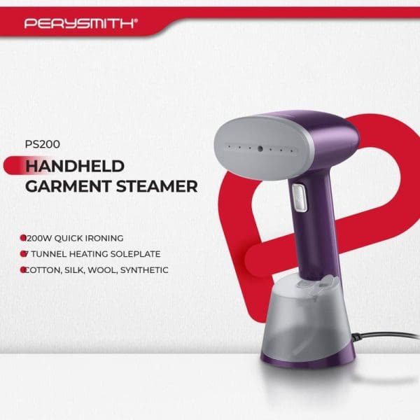 PerySmith PS200 Handheld Garment Steamer in purple and gray with 200W power, tunnel heating soleplate, suitable for cotton, silk, wool, and synthetic fabrics.