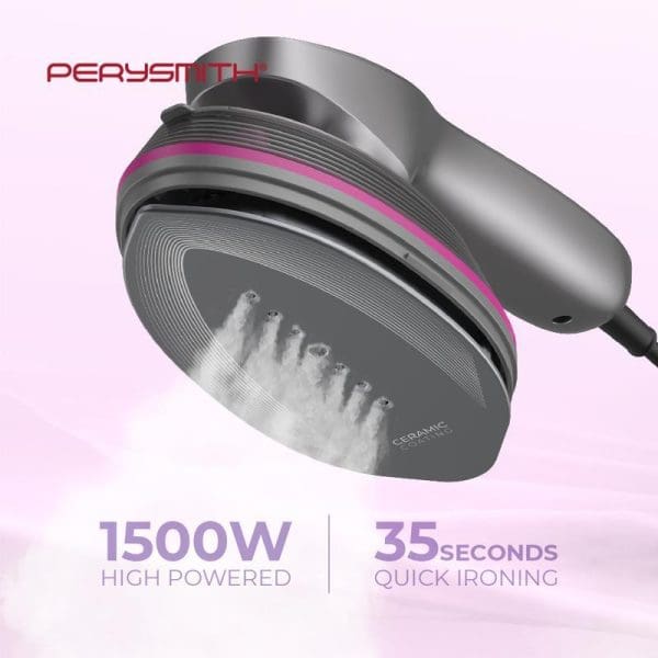 PerySmith PS210 handheld garment steamer with 1500W power and 35-second quick ironing, featuring ceramic soleplate with steam holes and ergonomic design.