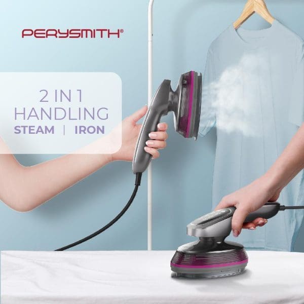 PerySmith PS210 handheld garment steamer showing 2-in-1 functionality as both steam iron and traditional iron, with hands demonstrating usage on hanging garment.