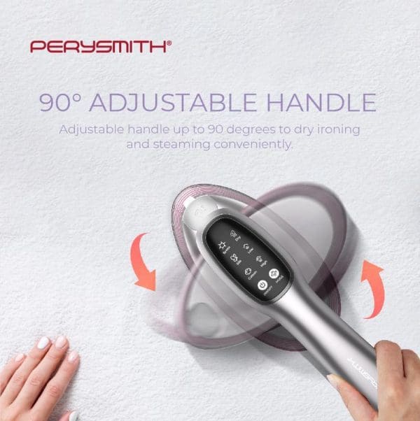 PerySmith handheld garment steamer with 90-degree adjustable handle feature, showing the device's rotating capability for convenient dry ironing and steaming on white fabric.