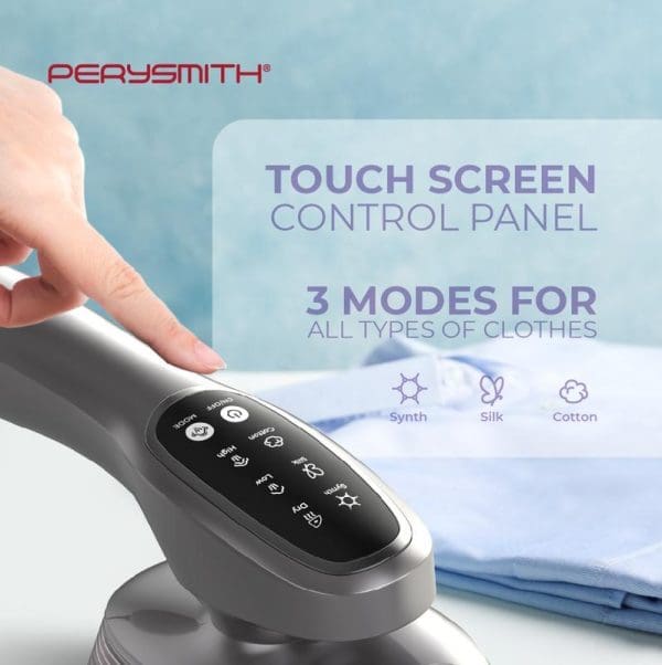 PerySmith PS210 handheld garment steamer with touch screen control panel showing 3 modes for synth, silk, and cotton fabrics with folded blue clothes.