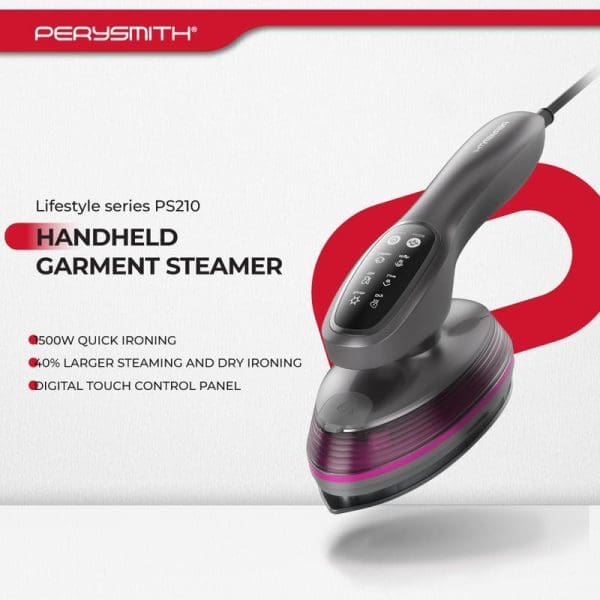 PerySmith PS210 Handheld Garment Steamer with digital touch control panel, featuring 500W quick ironing and 40% larger steaming capacity for dry ironing.