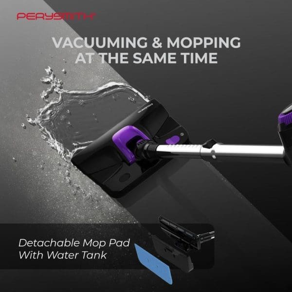 PerySmith PS8550 handheld vacuum cleaner with detachable mop pad and water tank, showing simultaneous vacuuming and mopping capabilities with water splash effect.