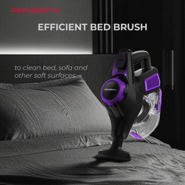 PerySmith PS8550 handheld vacuum cleaner with purple accents positioned on gray bedding, featuring transparent dust container and efficient bed brush for cleaning soft surfaces.