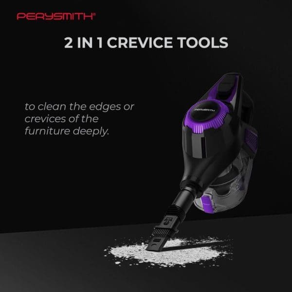 PerySmith handheld vacuum cleaner with purple accents featuring 2-in-1 crevice tools for cleaning furniture edges and crevices, shown cleaning white debris on dark surface.