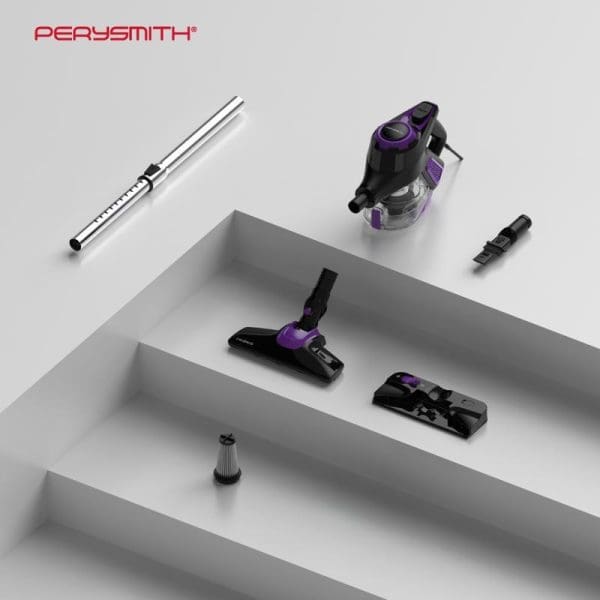 PerySmith PS8550 Xtreme Series handheld vacuum cleaner with purple accents, multiple attachments including extension wand, floor brush, crevice tool, and filter displayed on white stepped surface.