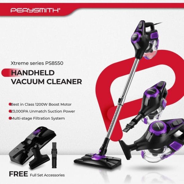 PerySmith Xtreme Series PS8550 handheld vacuum cleaner with 1200W motor, 23,000PA suction power, multi-stage filtration system, and free accessories displayed on promotional background.