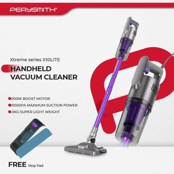 PerySmith Xtreme Series X10LITE handheld vacuum cleaner with 1000W boost motor, 20000PA suction power, 0KG weight, purple and gray design, includes free mop pad.