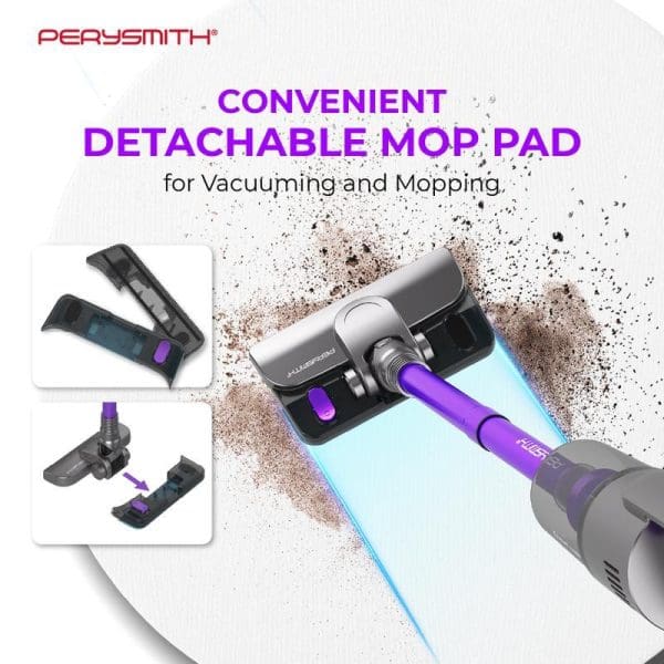 PerySmith Xtreme Series X10 Lite handheld vacuum cleaner with detachable mop pad attachment, showing vacuuming and mopping functionality on spilled debris.