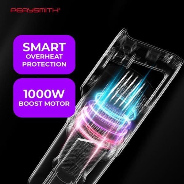 PerySmith Handheld Vacuum Cleaner Xtreme Series X10 Lite featuring 1000W boost motor and smart overheat protection with transparent design showing internal components and colorful lighting effects.
