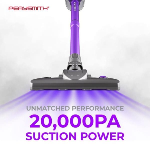 PerySmith Xtreme Series X10 Lite handheld vacuum cleaner with purple handle, gray cleaning head, and 20,000PA suction power specification displayed below.