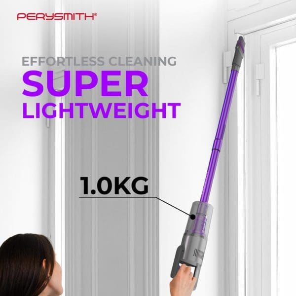PerySmith Xtreme Series X10 Lite handheld vacuum cleaner featuring purple design, 1000W power, 1.0KG lightweight construction for effortless cleaning, shown being used on curtains.