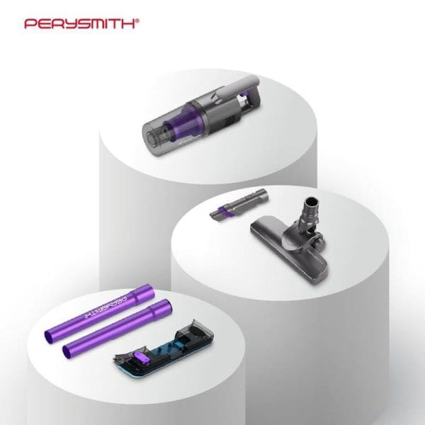 PerySmith Handheld Vacuum Cleaner Xtreme Series X10 Lite with purple accents, showing main unit, attachments, and accessories displayed on white circular platforms.