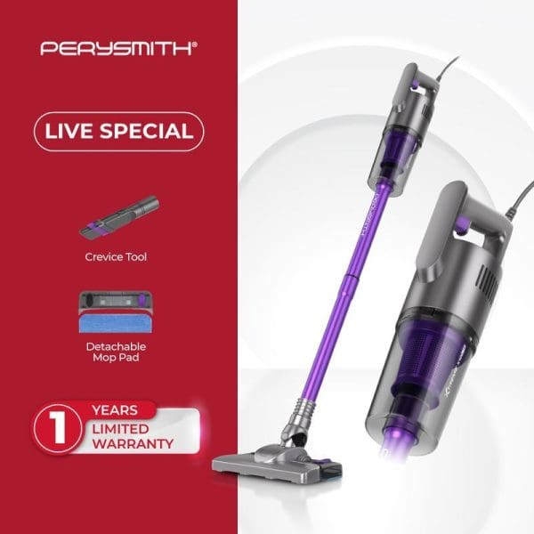 PerySmith Xtreme Series X10 Lite handheld vacuum cleaner with purple accents, featuring crevice tool, detachable mop pad, and 1-year limited warranty promotional image.