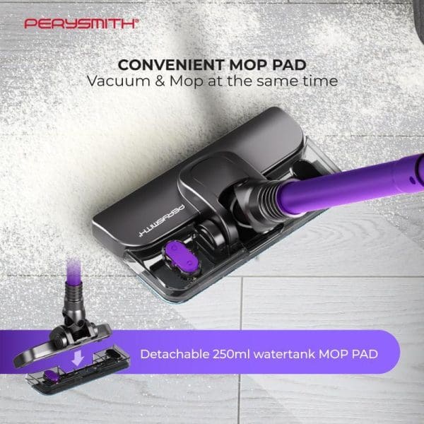 PerySmith Xtreme Series X10 Max 1000W handheld vacuum cleaner with convenient mop pad attachment featuring detachable 250ml water tank for simultaneous vacuuming and mopping.
