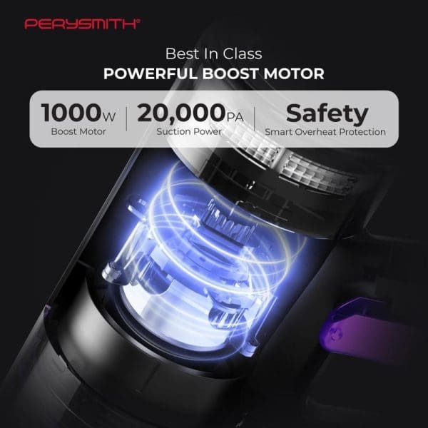 PerySmith Xtreme Series X10 Max handheld vacuum cleaner featuring 1000W boost motor, 20,000 PA suction power, smart overheat protection, and illuminated internal components.