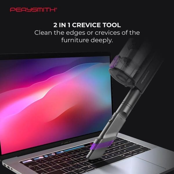 PerySmith handheld vacuum cleaner with 2-in-1 crevice tool cleaning laptop keyboard, featuring colorful gradient screen display and sleek gray design.