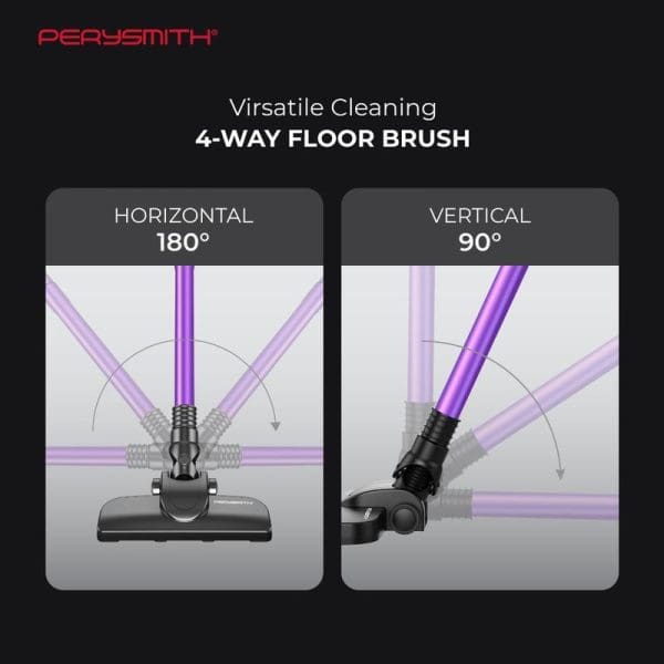 PerySmith 4-way floor brush demonstrating versatile cleaning with horizontal 180° and vertical 90° movement capabilities for comprehensive floor cleaning coverage.