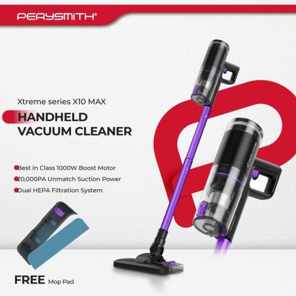 PerySmith Xtreme Series X10 MAX handheld vacuum cleaner with 1000W motor, 20000PA suction power, dual HEPA filtration, purple and black design, includes free mop pad.