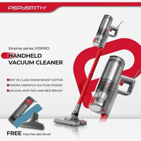 PerySmith Xtreme Series X10PRO handheld vacuum cleaner with 1000W motor, 1000PA suction power, includes free mop pad and bed brush attachments on white background.