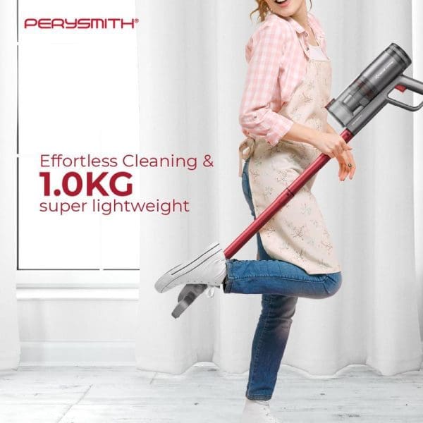 PerySmith Xtreme Series X10 Pro handheld vacuum cleaner being held by woman in pink checkered shirt, highlighting 1.0KG lightweight design and effortless cleaning capabilities.