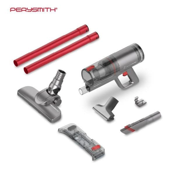 PerySmith Handheld Vacuum Cleaner Xtreme Series X10 Pro 1000W with detachable components including red extension tubes, cleaning attachments, and transparent dust container displayed separately.