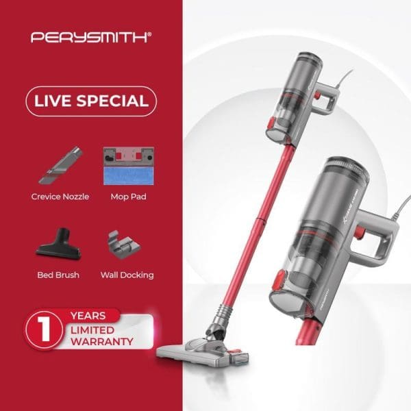 PerySmith Xtreme Series X10 Pro 1000W cordless handheld vacuum cleaner in red and silver with accessories including crevice nozzle, mop pad, bed brush, and wall docking station.