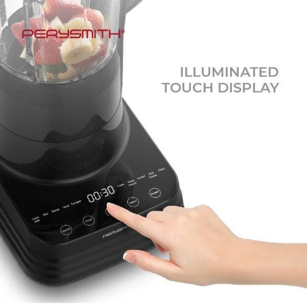 PerySmith PS3900 Heat IQ Cooking Blender with illuminated touch display, showing hand operating digital controls, glass jar containing fruit, black base unit.