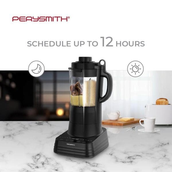 PerySmith PS3900 Heat IQ black cooking blender on marble counter in modern kitchen with glass pitcher containing ingredients, featuring 12-hour scheduling capability.