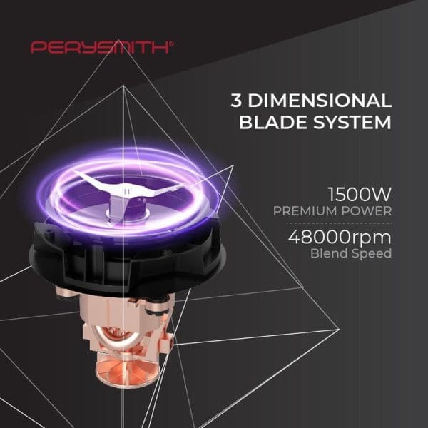 PerySmith Heat IQ Cooking Blender PS3900 with 3D blade system, 1500W premium power, 48000rpm blend speed, featuring transparent container and purple LED lighting display.