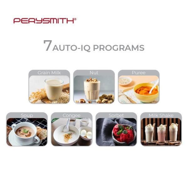 PerySmith blender with 7 Auto-IQ programs shown: Grain Milk, Nut, Puree, Soup, Congee, Sorbet, and Milk Shake with corresponding food images for each program.