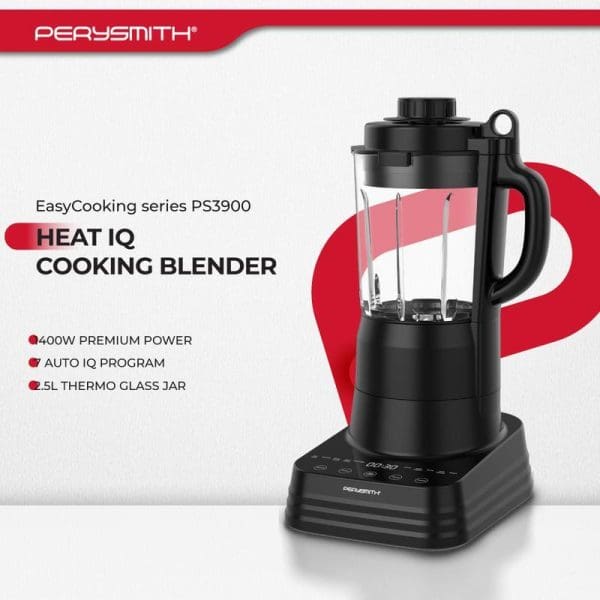 PerySmith Heat IQ Cooking Blender PS3900 with 1400W power, auto IQ program, 1.5L thermo glass jar, black design on white background