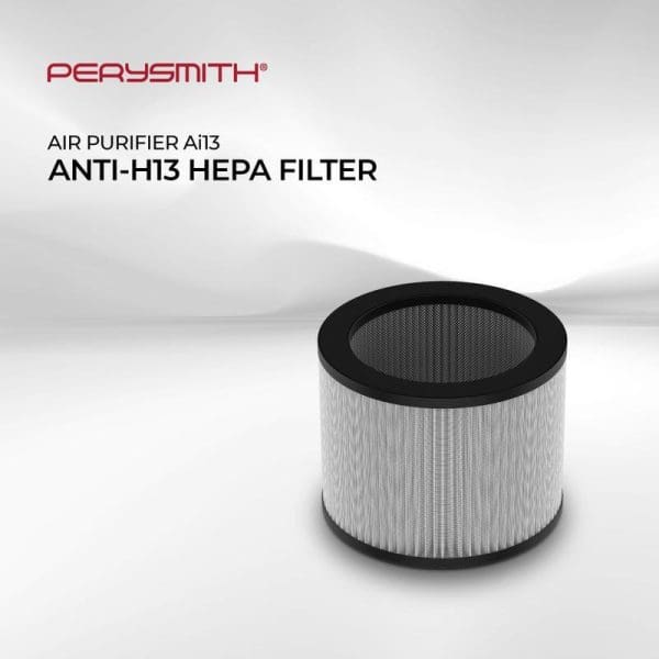 PerySmith Anti-H13 HEPA Filter for Air Purifier Ai13 - cylindrical white pleated filter with black rim on gradient background