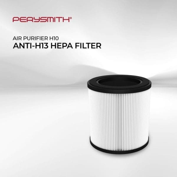 PerySmith H10 Anti-H13 HEPA filter for air purifier with white pleated filter material and black top rim on gray background.