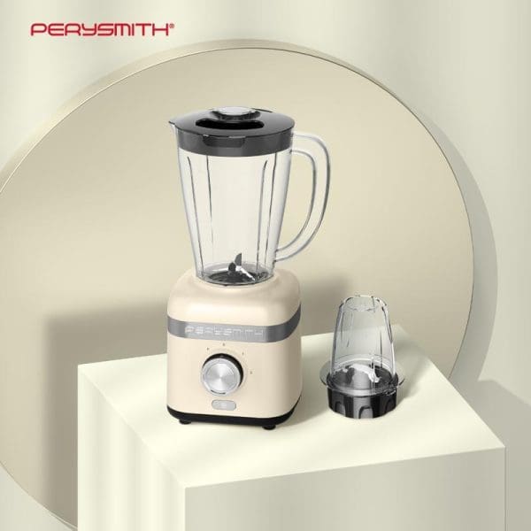 PerySmith PS3250 High Speed Blender in cream color with clear glass pitcher, black lid, and additional grinding cup accessory displayed on white platform.
