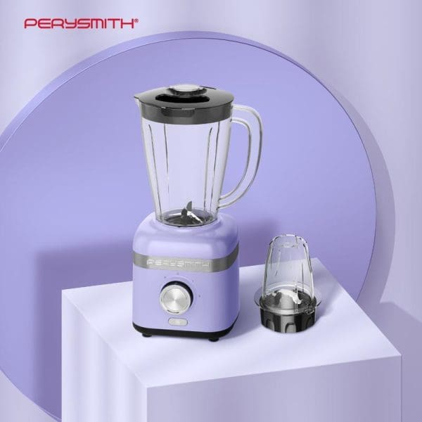 PerySmith PS3250 High Speed Blender in purple with glass pitcher, additional grinding cup attachment, displayed on white platform against purple background.
