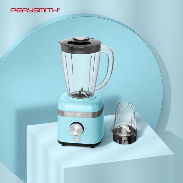PerySmith PS3250 High Speed Blender in mint green color with glass pitcher, black lid, and additional grinding cup attachment on white platform.