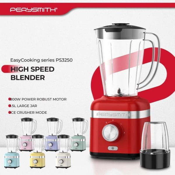PerySmith PS3250 High Speed Blender in red with 1.5L glass jar, 800W motor, ice crusher mode, showing multiple color options available.