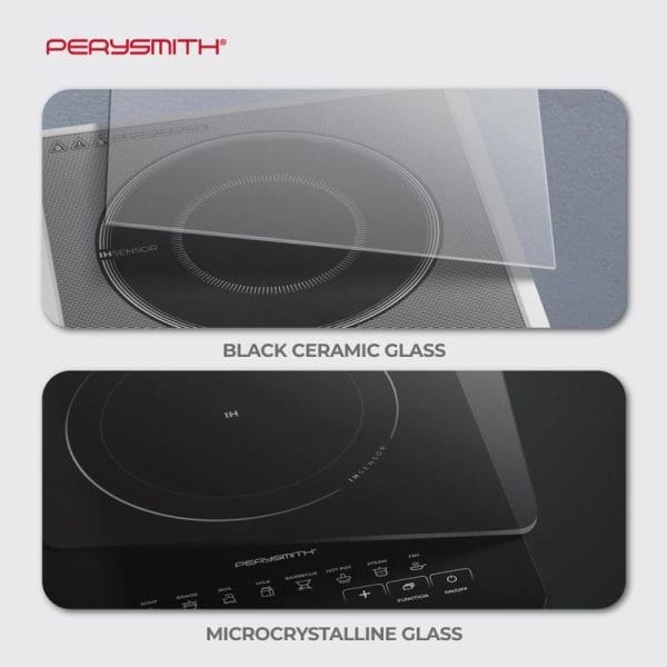 PerySmith Induction Cooker EasyCooking PS2310 Black showing two cooking surface options: black ceramic glass and microcrystalline glass with touch controls and circular heating zones.