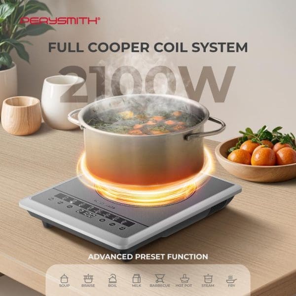 PerySmith PS2310 Black induction cooker with 2100W full copper coil system, featuring advanced preset functions and glowing cooking surface with pot and vegetables.