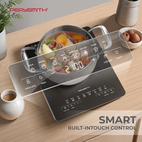 PerySmith PS2310 black induction cooker with smart built-in touch control panel, digital display showing 21:00, pot with food, on wooden kitchen counter.