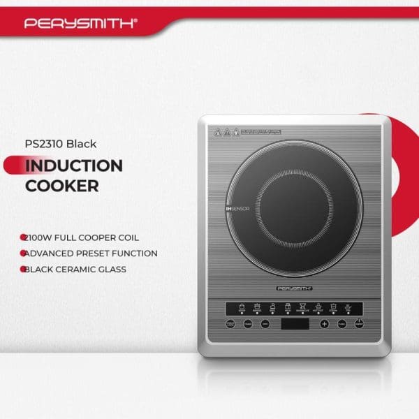 PerySmith PS2310 Black Induction Cooker with 2100W full copper coil, advanced preset function, and black ceramic glass cooking surface displayed on white background.