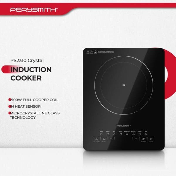 PerySmith PS2310 Crystal Induction Cooker with black glass surface, touch controls, 100W full copper coil, IH heat sensor, and microcrystalline glass technology.