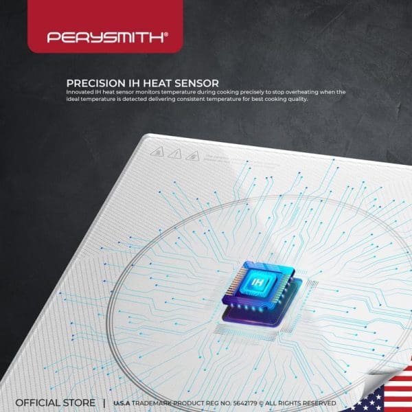 PerySmith induction cooker with precision IH heat sensor technology, featuring circuit board design and blue illuminated chip on white cooking surface.