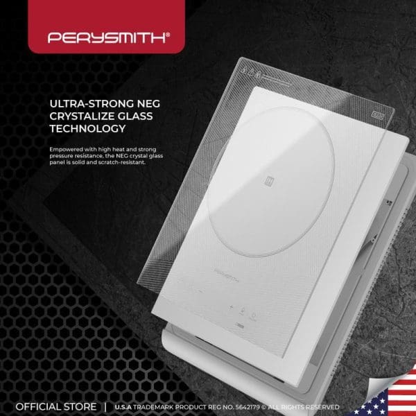 PerySmith PS2310 induction cooker with ultra-strong NEG crystallize glass technology, featuring white design with touch controls and heat-resistant scratch-resistant glass panel.