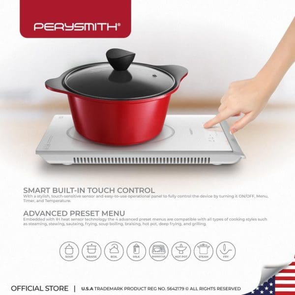 PerySmith PS2310 induction cooker with red pot, featuring smart built-in touch control and advanced preset menu with cooking mode icons displayed below.