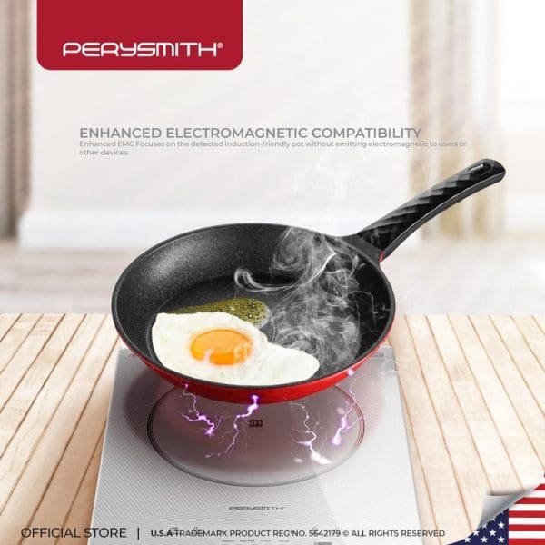 PerySmith PS2310 induction cooker with electromagnetic compatibility features, showing frying pan with egg cooking on induction surface with purple electromagnetic effects visible underneath.