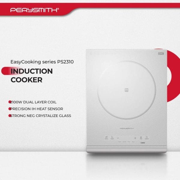 PerySmith EasyCooking Series PS2310 Induction Cooker with white design, featuring 100W dual layer coil, precision IH heat sensor, and strong NEG crystalize glass surface.