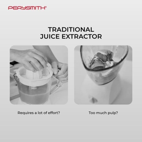 PerySmith Traditional Juice Extractor showing two problems: hands struggling with manual juicer requiring effort, and pulpy juice in glass demonstrating poor extraction quality.