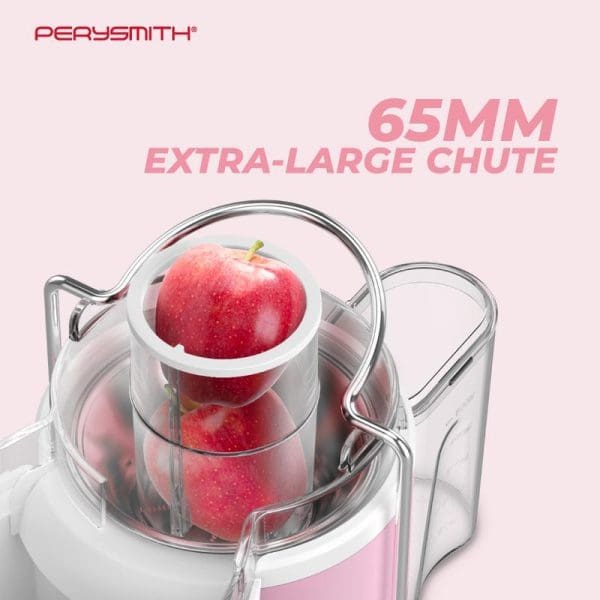 PerySmith J1000 juice extractor with 65mm extra-large chute showing red apple being processed through clear plastic juicing chamber on pink background.